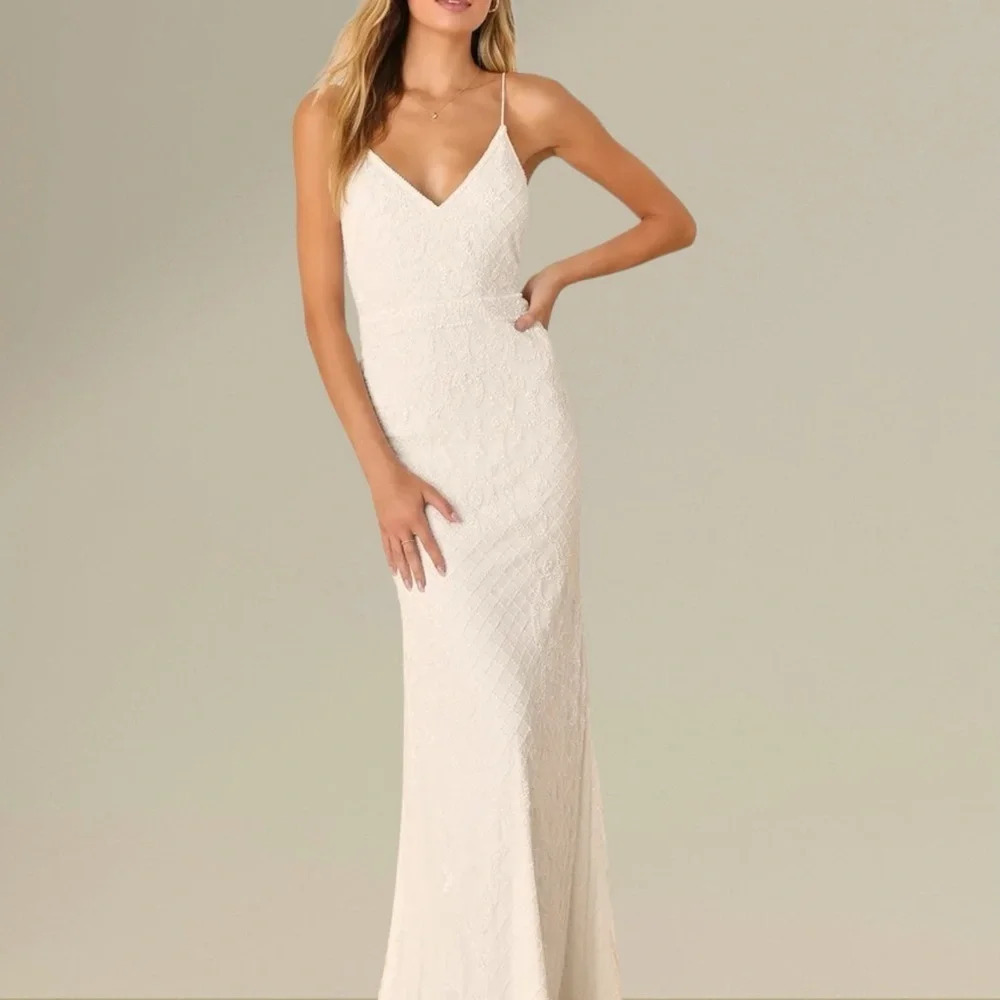 NWOT‎ Lulu’s Cherished Vow White Beaded Backless Mermaid Maxi Dress XL#424